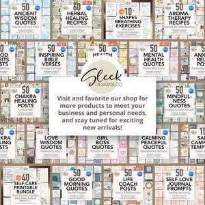 Puede incluir: Un collage de productos digitales coloridos para redes sociales, que presenta 50 conjuntos diferentes de citas, indicaciones para diarios y otro contenido. Los productos est&aacute;n organizados en una cuadr&iacute;cula y presentan una variedad de temas, que incluyen el amor propio, la salud, el bienestar y la espiritualidad. El texto "Gleek Designs.co" aparece en el centro de la imagen.