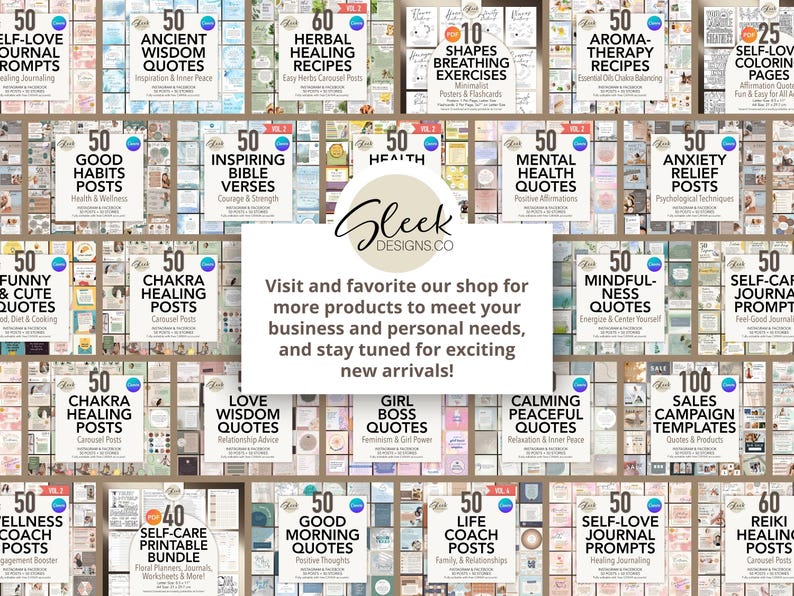 Puede incluir: Un collage de productos digitales coloridos para redes sociales, que presenta 50 conjuntos diferentes de citas, indicaciones para diarios y otro contenido. Los productos est&aacute;n organizados en una cuadr&iacute;cula y presentan una variedad de temas, que incluyen el amor propio, la salud, el bienestar y la espiritualidad. El texto "Gleek Designs.co" aparece en el centro de la imagen.