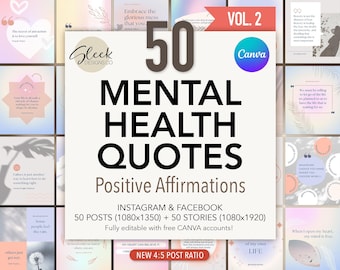 Mental Health Quotes Editable Canva Templates Volume 2: 50 Positive Affirmations Quotes for Instagram Facebook (Instant Download)