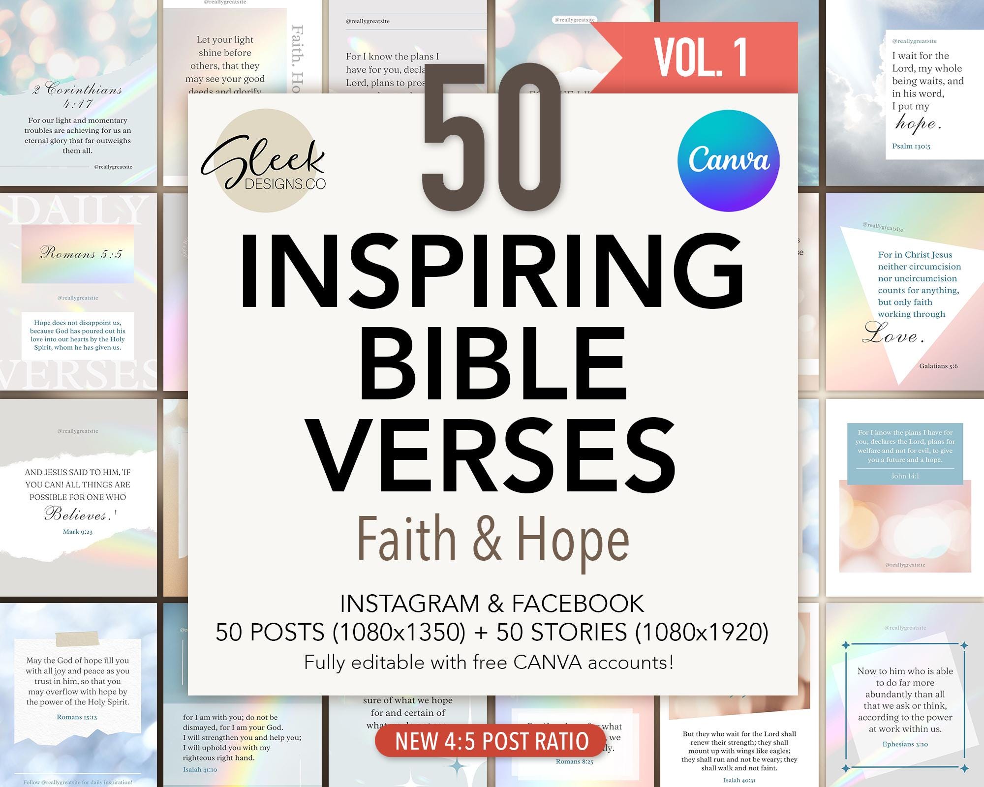 Bible Verses Editable Canva Templates Volume 1: 50 Faith & Hope Quotes ...