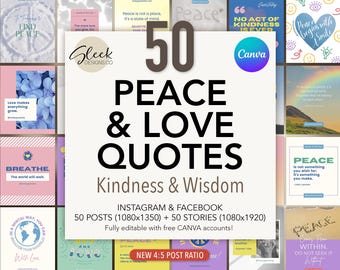 Peace Love Quotes Editable Canva Templates: 50 Inspirational Quotes for Instagram Facebook (Instant Download)
