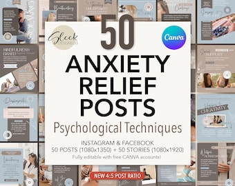 Anxiety Relief Editable Canva Templates: 50 Calming Relaxing Techniques for Instagram Facebook (Instant Download)
