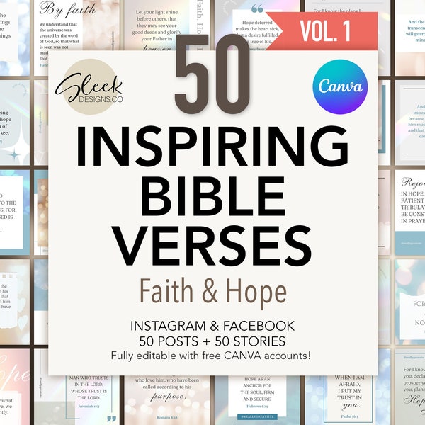 50 Bible Verses | Volume 1 | Faith & Hope | Editable CANVA Templates | Facebook Instagram Social Media Templates