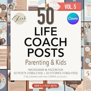 Life Coach plaatst bewerkbare canva-sjablonen Volume 5: 50 posts met opvoedingsadvies voor Instagram Facebook (directe download)