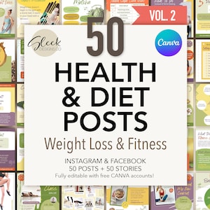 50 Wellness & Health Posts | Volume 2 | Weight Loss and Fitness | Editable CANVA Templates | Facebook Instagram Social Media Templates