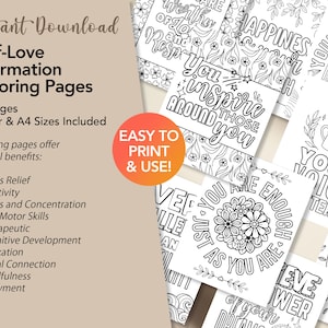 Selflove Affirmation Coloring Pages: 25 Unique Designs with Inspirational & Motivational Quotes (Instant Download) image 2