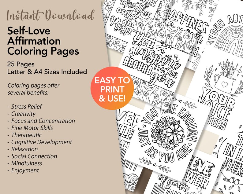Selflove Affirmation Coloring Pages: 25 Unique Designs with Inspirational & Motivational Quotes (Instant Download) image 2