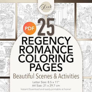 May include: A set of 25 printable coloring pages featuring Regency Romance scenes and activities. The pages are designed for letter size (8.5 x 11 inches) or A4 size (21 x 29.7 cm).
