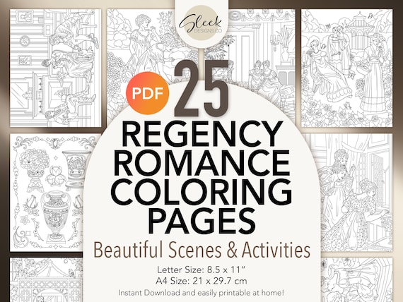 Regency Romance Coloring Pages: 25 Unique Designs with Romance Social & Activity Illustration (Instant Download)