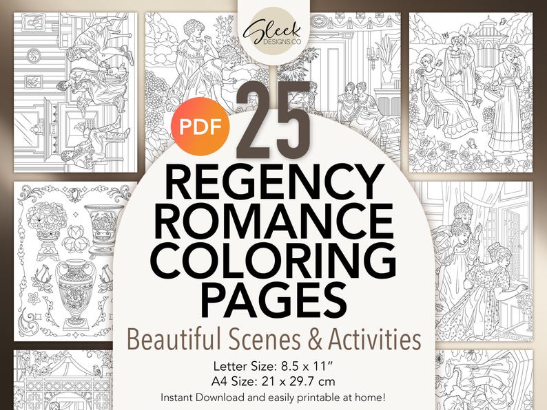 May include: A set of 25 printable coloring pages featuring Regency Romance scenes and activities. The pages are designed for letter size (8.5 x 11 inches) or A4 size (21 x 29.7 cm).