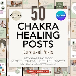 Chakra Healing Editable Canva Templates: 50 Coaching & Yoga Carousel Posts for Instagram Facebook (Instant Download)