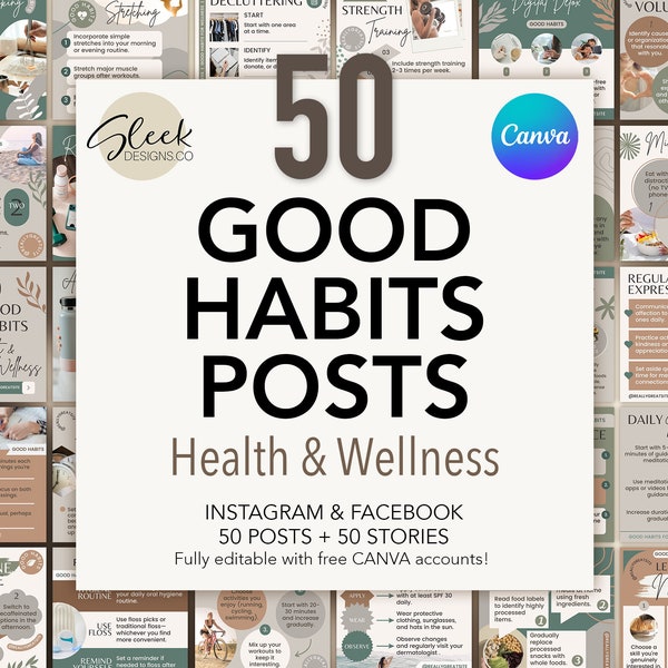 50 articles sur les bonnes habitudes | Santé et bien-être | Résolutions du Nouvel An | Modèles CANVA modifiables | Modèles de médias sociaux Facebook Instagram