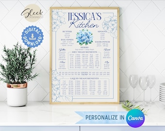 Personalized Kitchen Conversion Measurement Poster | Blue Hydrangea Floral Wall Art | Farmhouse DIY Home Decor | Editable CANVA Templates