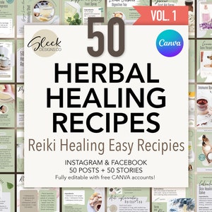 50 receitas fáceis de cura com ervas | Volume 1 | Reiki Healing & Wellness | Modelos CANVA editáveis | Modelos de mídia social do Facebook Instagram