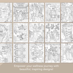 May include: A set of 18 black and white coloring pages featuring intricate designs of people in various settings. The designs include people in gardens, indoors, and in other scenes. The coloring pages are perfect for adults who enjoy coloring as a relaxing hobby.