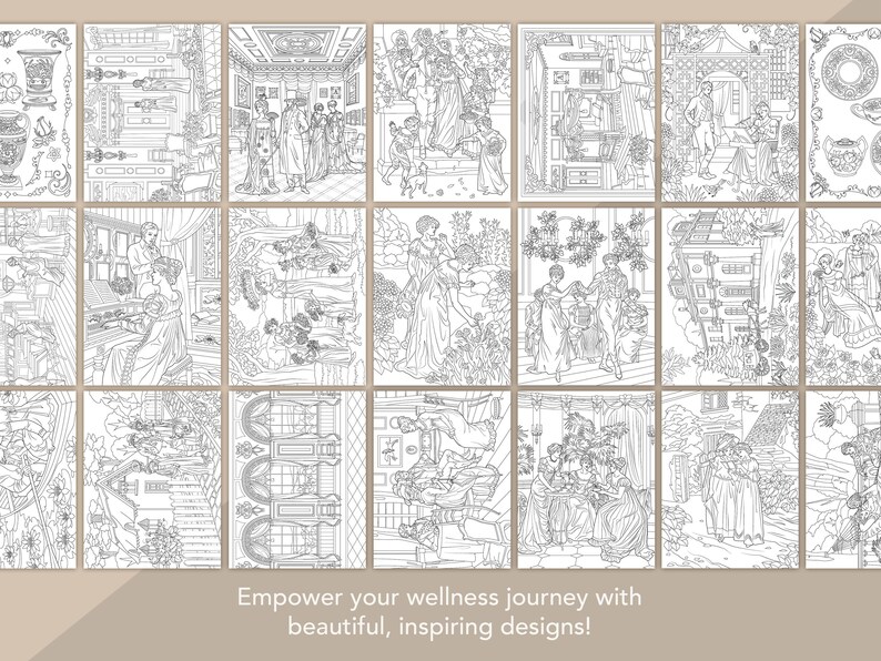 May include: A set of 18 black and white coloring pages featuring intricate designs of people in various settings. The designs include people in gardens, indoors, and in other scenes. The coloring pages are perfect for adults who enjoy coloring as a relaxing hobby.