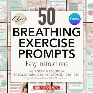 Plantillas editables de Canva con indicaciones para ejercicios de respiración: 50 instrucciones relajantes para Instagram y Facebook (descarga instantánea)