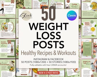 Weight Loss Editable Canva Templates: 50 Healthy Recipes & Workout Routines for Instagram Facebook (Instant Download)