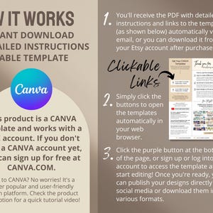 May include: A Canva template for Etsy shop owners. The image shows a PDF with instructions and clickable links to open the templates in a web browser. The text on the page says "How it works", "Instant Download", "Detailed Instructions", "Editable Template", "Clickable Links", and "This product is a Canva template and works with a FREE account. If you don't have a Canva account yet, you can sign up for free at Canva.com."