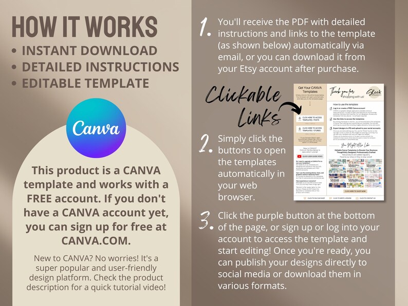 May include: A Canva template for Etsy shop owners. The image shows a PDF with instructions and clickable links to open the templates in a web browser. The text on the page says "How it works", "Instant Download", "Detailed Instructions", "Editable Template", "Clickable Links", and "This product is a Canva template and works with a FREE account. If you don't have a Canva account yet, you can sign up for free at Canva.com."