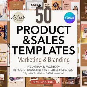 製品販売編集可能なCanvaテンプレート：Instagram、Facebook向けのブランディング、マーケティング、セールス、プロモーション投稿50選（すぐにダウンロード可能）