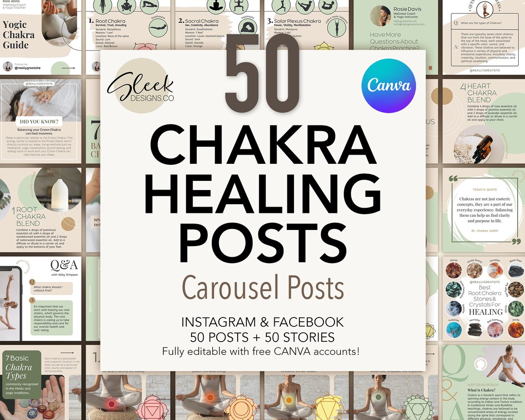 50 Chakra Healing Carousel Posts Coaching & Yoga Editable CANVA ...
