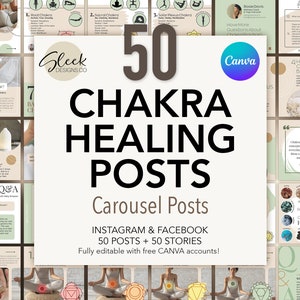 50 articles du carrousel de guérison des chakras | Coaching & Yoga | Modèles CANVA modifiables | Modèles de réseaux sociaux Facebook Instagram