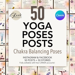 50 posturas de yoga - 59 publicaciones / Práctica de yoga para equilibrar chakras / Plantillas CANVA editables / Plantillas de redes sociales de Facebook e Instagram