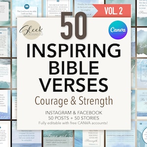 50 versets bibliques | Tome 2 | Courage et force | Modèles CANVA modifiables | Modèles de réseaux sociaux Facebook Instagram