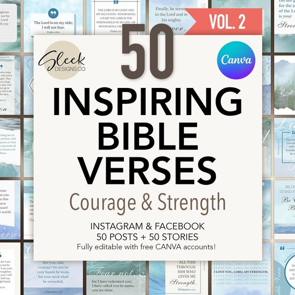 50 Bible Verses | Volume 2 | Courage & Strength | Editable CANVA Templates | Facebook Instagram Social Media Templates