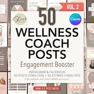 Modelli Canva modificabili per post sul benessere Volume 2: 50 post di coaching per aumentare il coinvolgimento su Instagram e Facebook (download immediato)