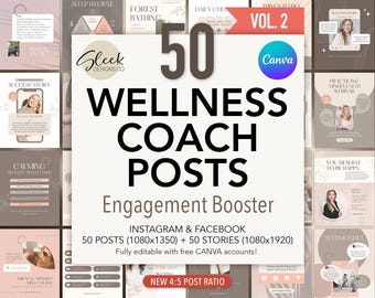 Wellness Posts Editable Canva Templates Volume 2: 50 Coaching Engagement Booster Posts for Instagram Facebook (Instant Download)