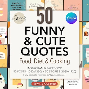 Funny Foodie Quotes Editable Canva Templates: 50 Food, Diet, Cooking Quotes for Instagram Facebook (Instant Download)