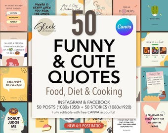 Funny Foodie Quotes Editable Canva Templates: 50 Food, Diet, Cooking Quotes for Instagram Facebook (Instant Download)