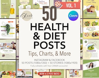 Health Posts Editable Canva Templates Volume 1: 50 Diet Tips Posts for Instagram Facebook (Instant Download)