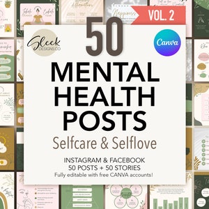 50 Mentale Gesundheit Beiträge | Band 2 | Positive und motivierende Beiträge | Bearbeitbare CANVA-Vorlagen | Facebook Instagram Social Media Vorlagen