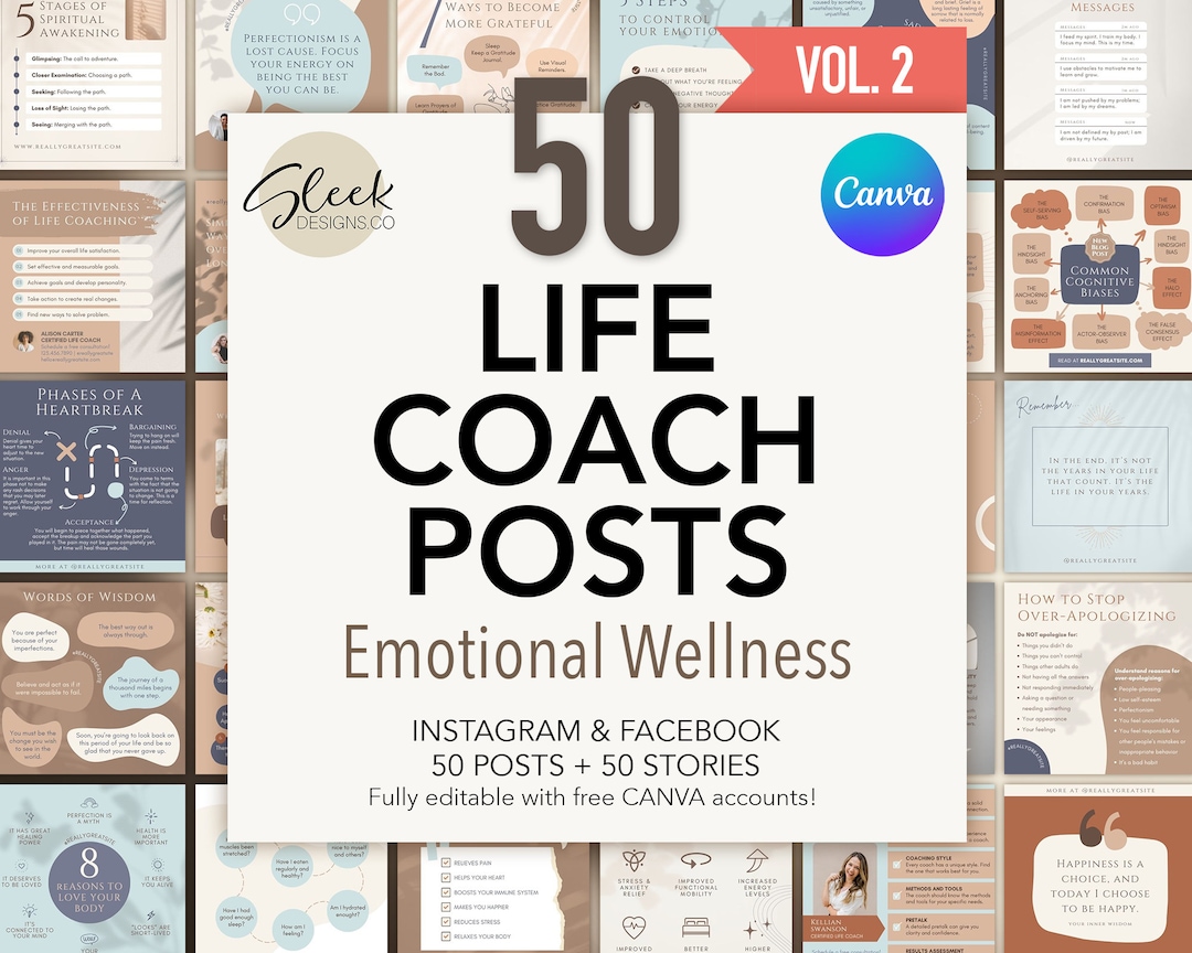50 Life Coach Templates Volume 2 Emotional Wellness Editable CANVA