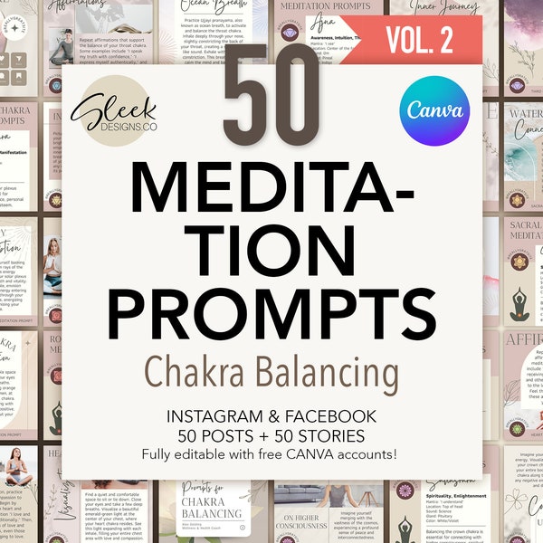 50 Meditation Prompts - 60 Posts | Volume 2 | Chakra Balancing | Editable CANVA Templates | Facebook Instagram Social Media Templates