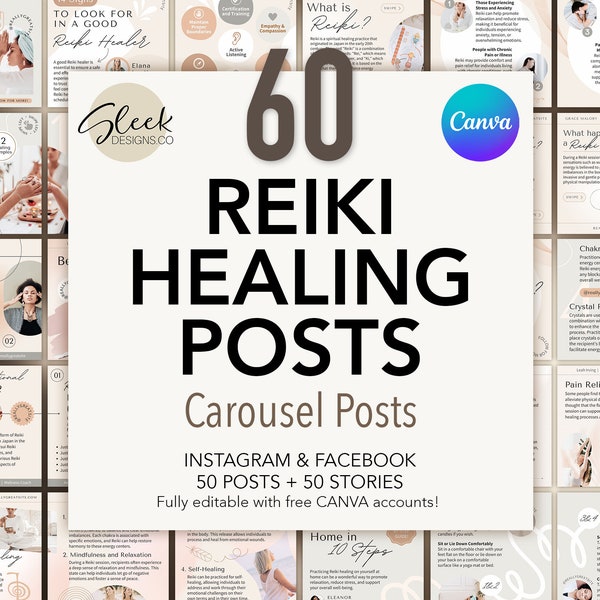 60 Reiki Healing Carousel Posts | Introduction to Reiki | Editable CANVA Templates | Facebook Instagram Social Media Templates