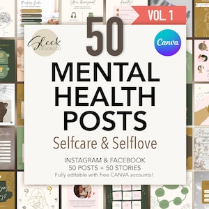 50 publicaciones sobre salud mental / Volumen 1 / Publicaciones sobre amor propio y cuidado personal / Plantillas editables de CANVA / Plantillas para redes sociales de Facebook e Instagram