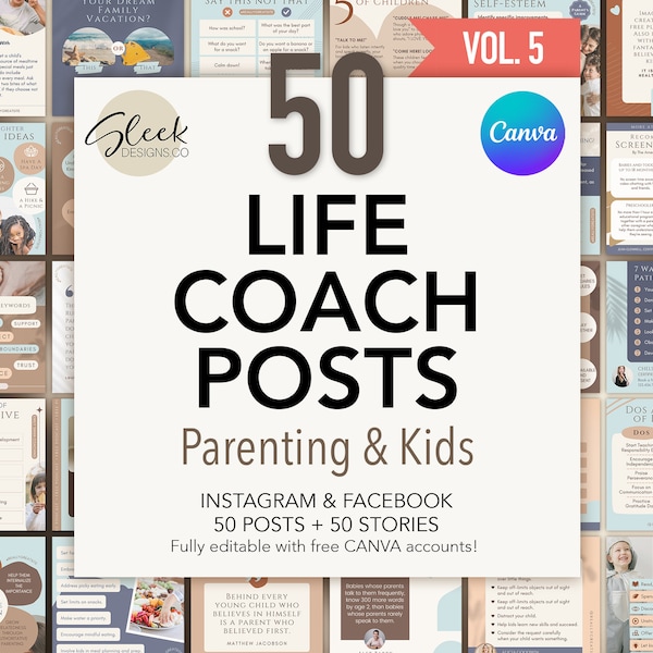 50 Life Coach Templates | Volume 5 | Parenting Advice | Editable CANVA Templates | Facebook Instagram Social Media Templates