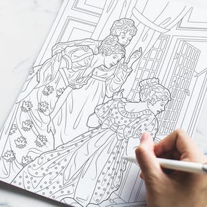May include: A black and white line drawing of three women in dresses standing near a window. The women are whispering to each other. The window is open and shows a view of a building.