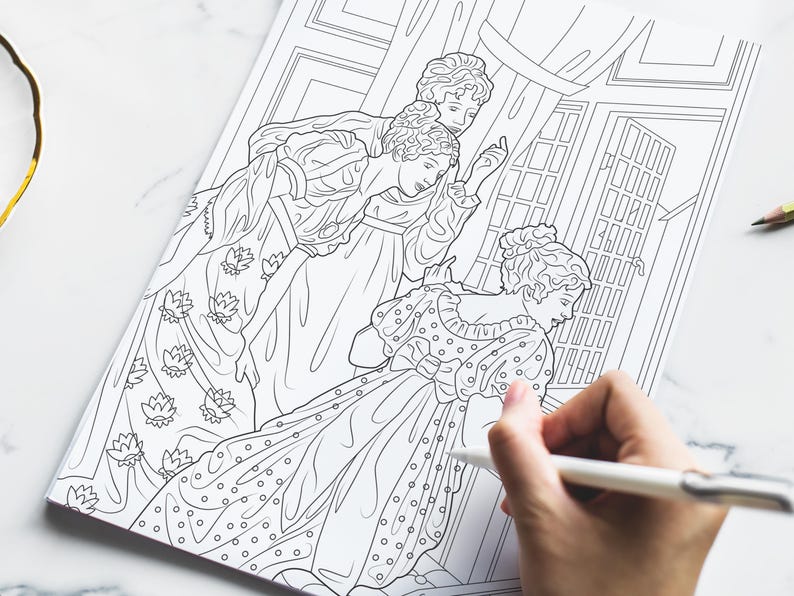 May include: A black and white line drawing of three women in dresses standing near a window. The women are whispering to each other. The window is open and shows a view of a building.