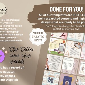 K&ouml;nnte beinhalten: Eine beige und wei&szlig;e Grafik mit dem Text "Gleek Designs Co" und "DONE FOR YOU!"  Der Text lautet "Alle unsere Vorlagen sind mit gut recherchierten Inhalten und hochwertigen Designs gef&uuml;llt, die bereit zum Posten sind. Vergessen Sie nicht, die Platzhalter-Kontaktinformationen an Ihre eigenen anzupassen!"  Die Grafik enth&auml;lt auch einen Stern mit einem violetten Zentrum und einer wei&szlig;en Umrandung. Der Text "SUPER EASY TO EDIT!" befindet sich in einem Kreis mit wei&szlig;em Hintergrund und rosa Umrandung. Der Text "Star Seller since shop opened!" befindet sich in einem wei&szlig;en Kasten mit rosa Umrandung. Der Text "Our shop has a record of: 5-Star Reviews Speedy Replies Smooth Dispatch" befindet sich in einem wei&szlig;en Kasten mit rosa Umrandung. Die Grafik enth&auml;lt auch eine Collage aus 12 verschiedenen Social-Media-Post-Vorlagen.