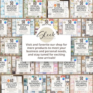 May include: A collage of colorful digital products for social media, featuring 50 different sets of quotes, journal prompts, and other content. The products are organized in a grid pattern and feature a variety of themes, including self-love, health, wellness, and spirituality. The text "Gleek Designs.co" is featured in the center of the image.