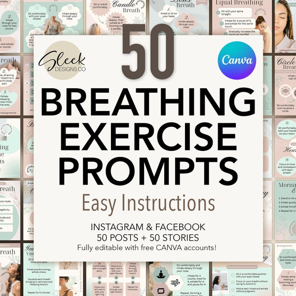 50 Breathing Exercise Prompts | Easy Instruction | Calming Relaxing | Editable CANVA Templates | Facebook Instagram Social Media Templates