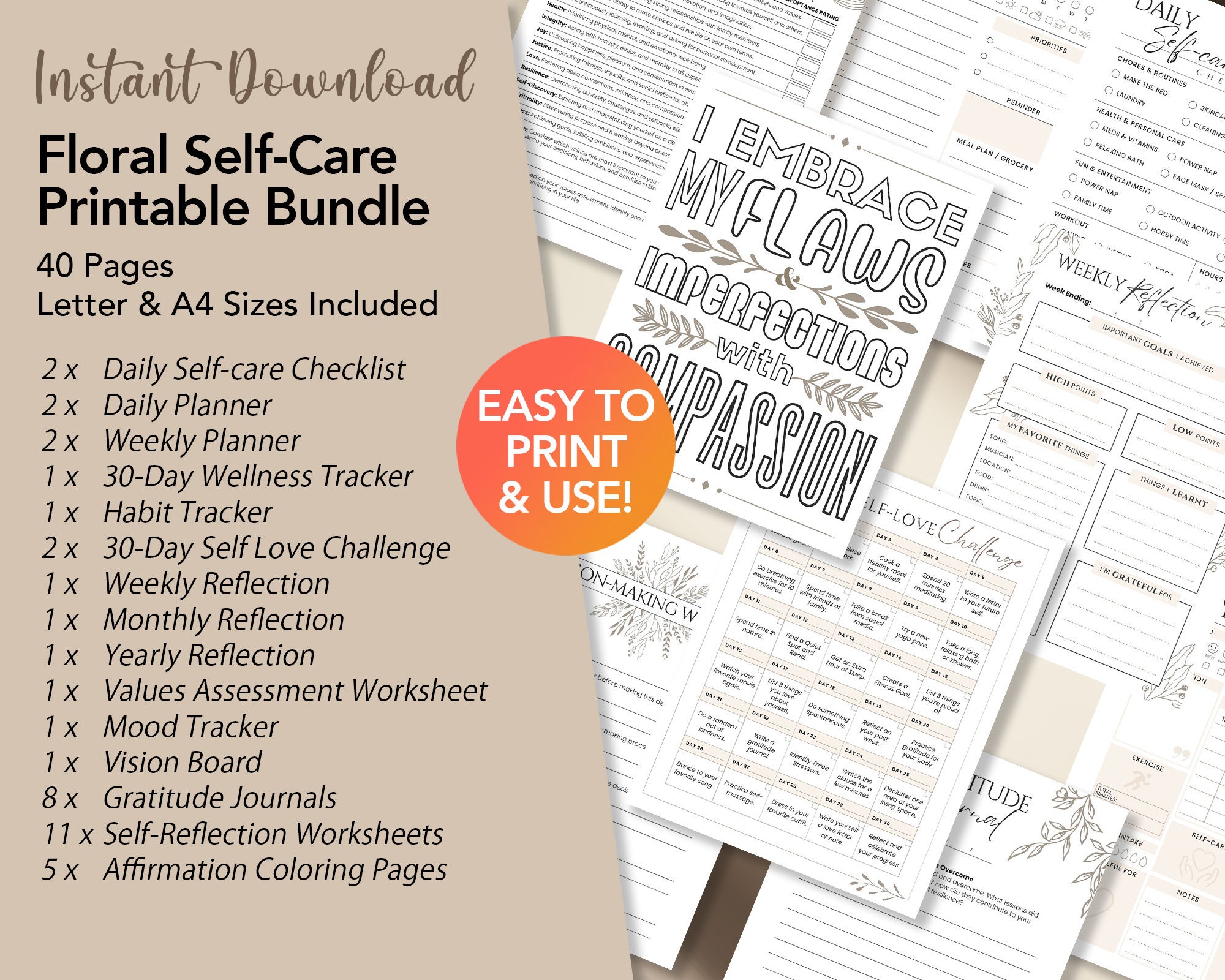 40 Self-care Printable Bundle | Floral Minimalist Design | Planners ...