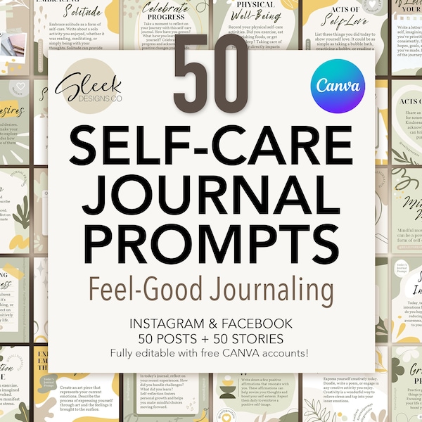 50 Selfcare Journal Prompts | Feel-Good Journaling Prompts | Editable CANVA Templates | Facebook Instagram Social Media Templates