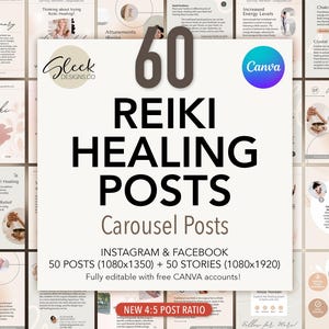 Reiki Healing Editable Canva Templates: 60 Introduction to Reiki Carousel Posts for Instagram Facebook (Instant Download)