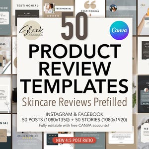 Hautpflege Testimonials Bearbeitbare Canva Vorlagen: 50 Kundenrezensionen für Instagram Facebook (Instant Download)